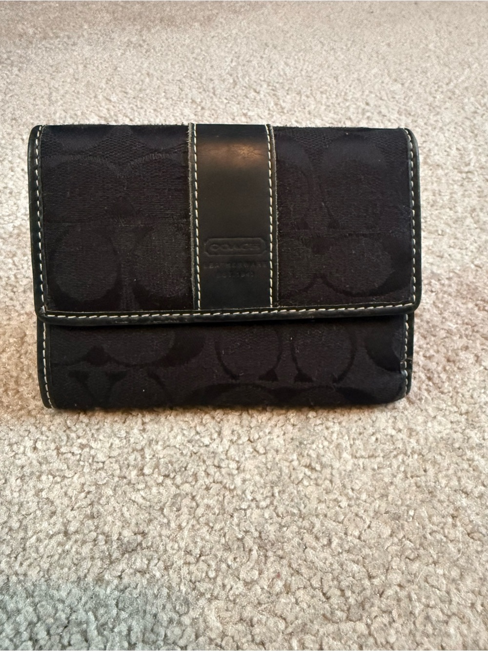 Coach Black Signature Canvas Trifold Wallet with Leather Trim
